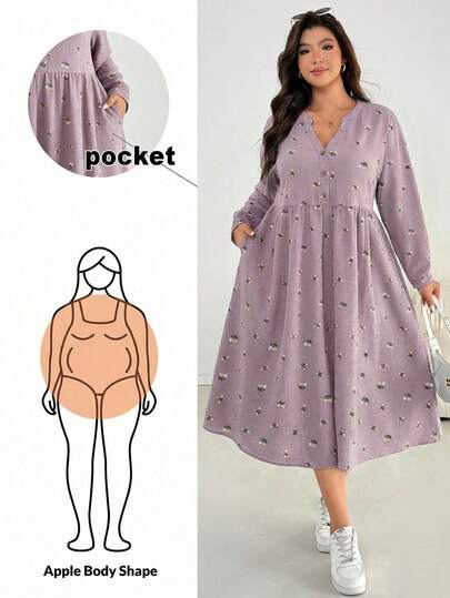 Shapeblank Plus Size Women's Autumn And Winter Fashion Casual Loose Comfortable Daily Black Floral Long Sleeve Mid-Length Dress With Pockets,Fall Outfits,Fall Dress