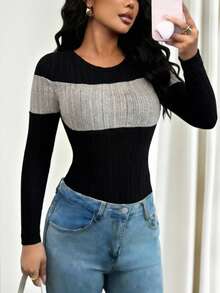 SHEIN LUNE Women's Elegant Color Block Round Neck Long Sleeve Ribbed Bodysuit - Black - View 4