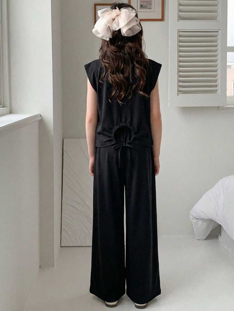 Tween Girl Casual Solid Color Backless Twist T-Shirt And Wide Leg Pants Set, Versatile For Daily Wear, Spring/Summer/Autumn