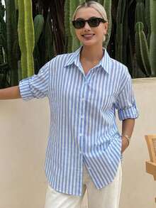 DAZY 女士撞色条纹宽松长袖翻领休闲衬衫，春夏款 - 藍色 - 查看 5