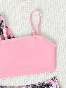 Young Girl Palm Tree Print Swimsuit Set With Kimono Cover-Up - Pink - View 3