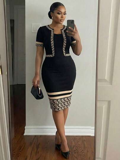 SHEIN Lady 2pcs/Set Plus Size Geometric Pattern Round Neck Short Sleeve Top And Fitted Dress