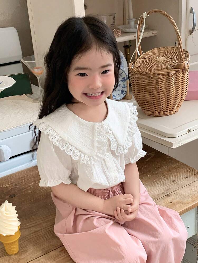 Toddler Girls' Korean Style Ruffle Trim Casual Puff Sleeve Solid Color Blouse