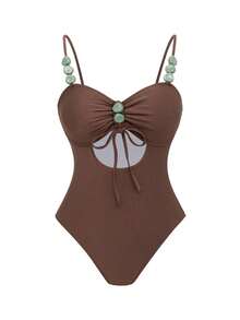 Swim Oasis Summer Vacation Sexy Solid Color Hollow Out Halter Turquoise Accessories Spaghetti Strap Women One-Piece Swimsuit & Sarong Maxi Dress - Brown - View 5
