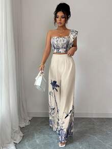 Elenzga Conjunto de 2 piezas con top de un hombro y pantalones de pierna ancha con estampado floral para mujer - Multicolor - Ver 4