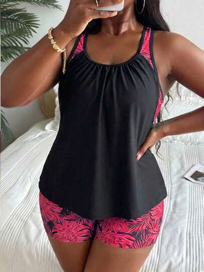 Swim Lushoire Plus Size Women Fashion Resort Beach Patchwork Ruched Tankini Top Swimsuit Set