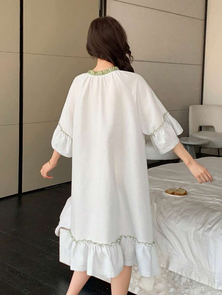 Cute Striped Contrast Color Tie Ruffle Hem Women Nightgown