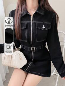 FRIFUL 女士翻领拉链系带牛仔连衣裙，时尚百搭，适合约会和外出穿着 - 黑色 - 查看 1