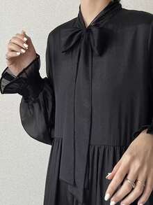 FRIFUL Damen Einfarbiges Kleid mit Krawattenausschnitt, Langarm, Rüschensaum, Lässig Sommerkleid - Schwarz - Übersicht 8