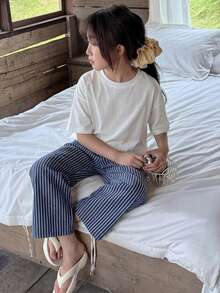 DAZY Tween Girl Solid Color Round Neck Short Sleeve Top And Striped Pants Pajama Set - White - View 4