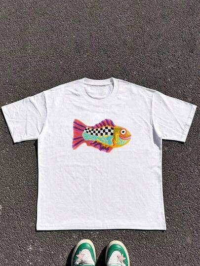 Manfinity Dauomo Men's Round Neck T-Shirt, Casual & Versatile Summer Top, Colorful Fish Print Design, Comfortable Daily Wear, Student