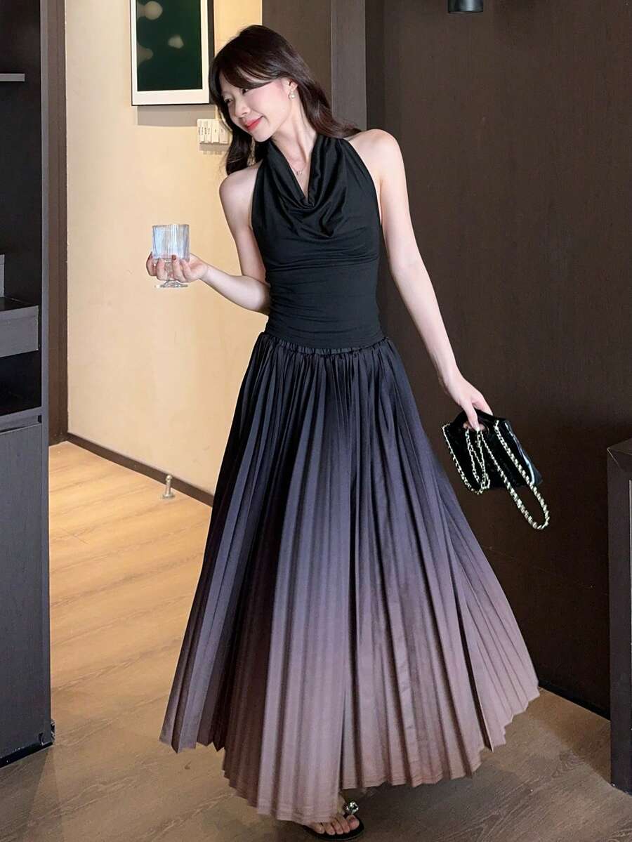 DAZY Women's Ombre Fashionable Long Pleated Skirt, Summer - Coffee Brown - View 1