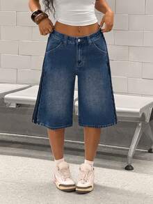 StreetHx 时尚休闲拼接条纹低腰牛仔短裤 - 中等水洗藍 - 查看 3