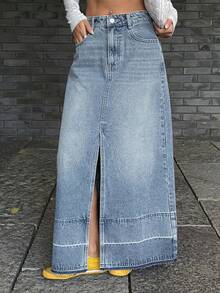DAZY Women's Frayed Hem Slit Long Casual Denim Skirt Y2k - Medium Wash - View 3