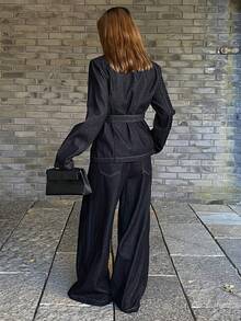 DAZY Women's Denim Jacket With Collar & Waist Cinching, And Loose Wide Leg Jeans Casual 2-Piece Set - Dark Wash - View 3