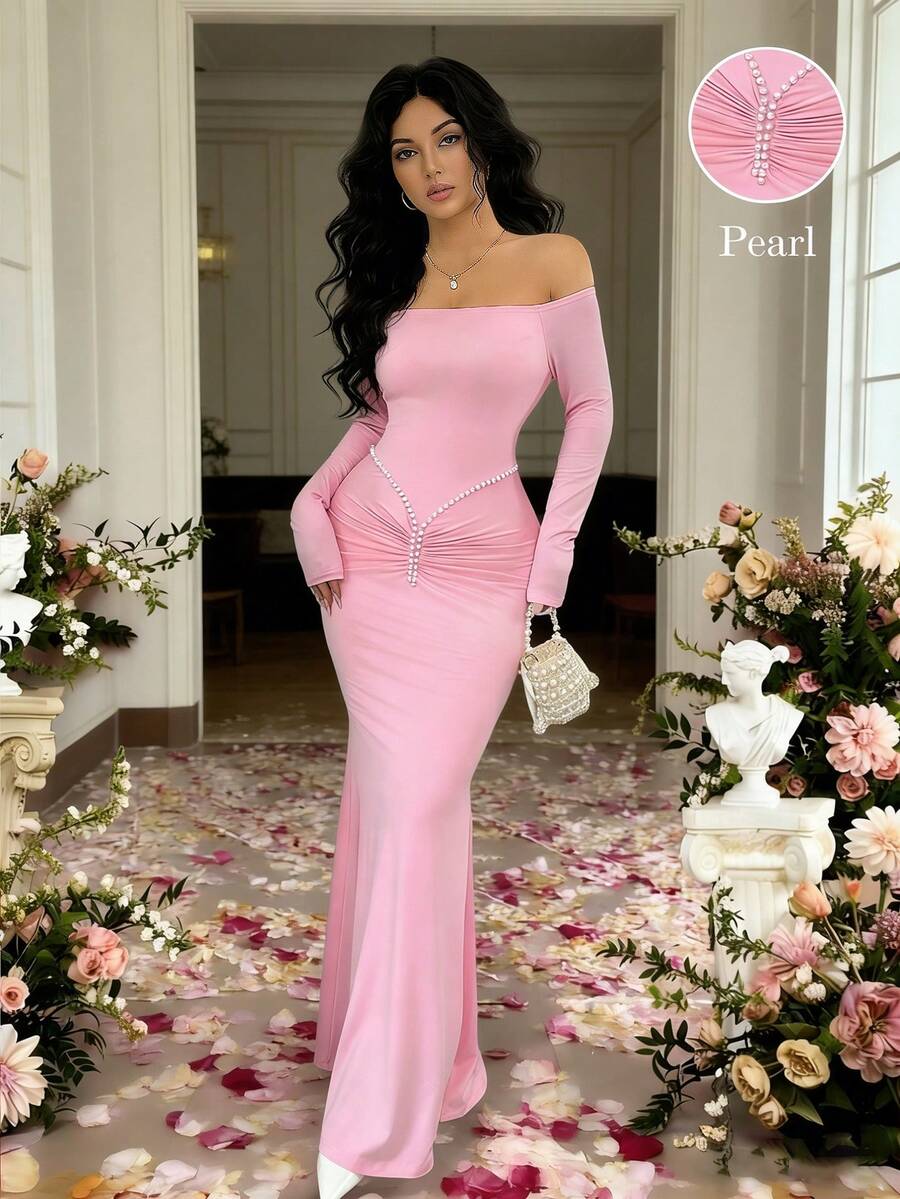 Rafferiza Vestido elegante con hombros descubiertos, vestido rosa, vestido para el Día de San Valentín, vestido con diseño de strass para una cita - Rosa - Ver 1