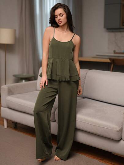 DAZY Solid Color Ruffle Strap Jumpsuit For Women, Loungewear
