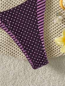 Swim Mod Bộ bikini hai mảnh dành cho nữ, họa tiết kẻ sọc và chấm bi, kiểu dáng thường ngày. - Màu tím - Xem 6