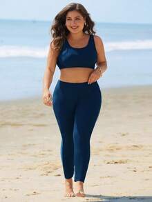 Swim Mulvari Plus Size Solid Color Tankini Swimwear For Summer Beach Vacation - Teal Blue - View 3