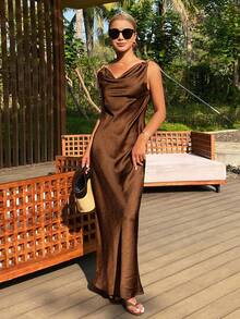 DAZY Solid Color Fitted Backless Tie Waist Elegant Vacation Dress For Women, Spring/Summer Maxi Dress Sundress - Brown - View 3