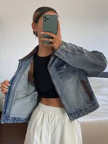 DAZY 西部牛仔风拼接撞色宽松长袖休闲街头夹克，女士牛仔外套，适合春秋季节穿着，Y2K风格 - 藍色 - 查看 4