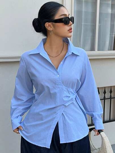 Dazy Plus Büyük Beden Çizgili Baskılı Önü Sarma Günlük Uzun Kollu Gömlek