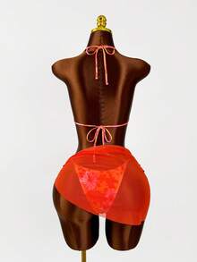 Zestiva Conjunto de bikini de 3 piezas con estampado floral naranja sexy, recorte de encaje 3D para playa/piscina en verano - Naranja - Ver 3
