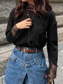 FRIFUL 女士高领网眼拼接宽松叠层街头风长袖T恤 - 黑色 - 查看 2