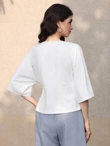 Mulvari Women's French Minimalist White Striped Crew Neck Loose Fit Batwing Sleeve Top - White - View 7