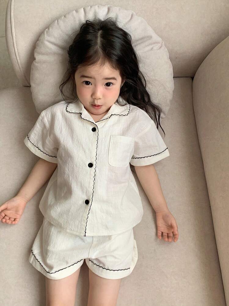 2pcs Baby Girls Polo Collar Color Block Striped Short Sleeve Shirt & Shorts Pajama Set Summer