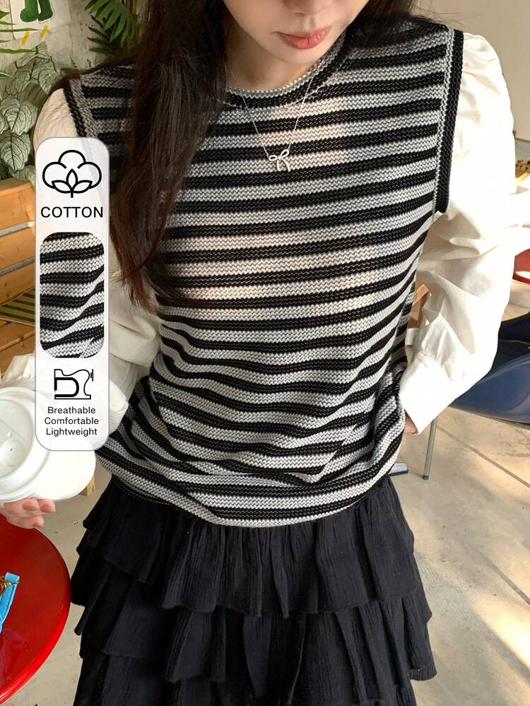 Women's Casual Striped Patchwork 2 In 1 T-Shirt, Autumn Long Sleeve
