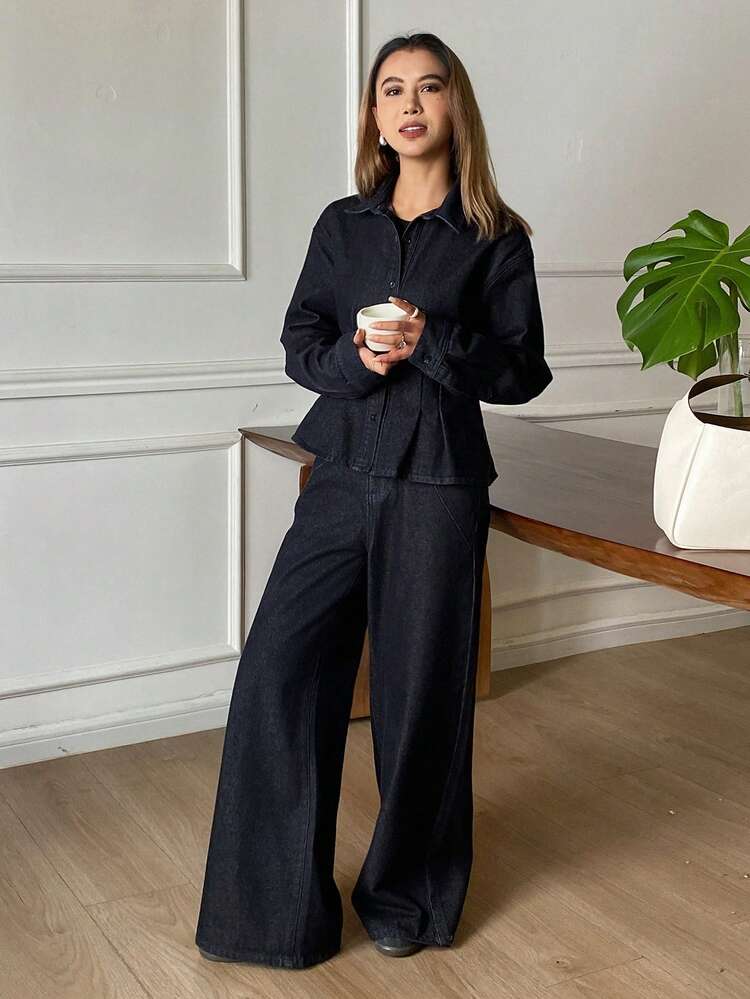Women's Collared Waist Cinched Long Sleeve Denim Shirt And Straight Leg Jeans Casual Denim Suit