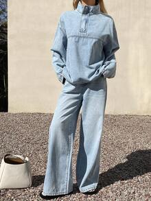 DAZY 女士休闲牛仔套装：宽松立领半拉链牛仔上衣和直筒牛仔裤 - 淺色水洗藍 - 查看 3