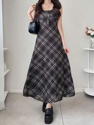 FRIFUL Mesh Plaid Camisole Waist Flared Hem Casual Versatile Dress