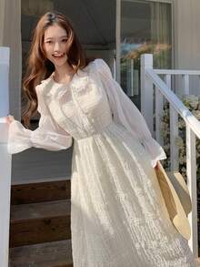 DAZY 女士浪漫蕾丝边长袖中长连衣裙 - 白色 - 查看 4