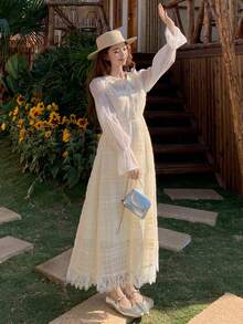 DAZY 女士浪漫蕾丝边长袖中长连衣裙 - 白色 - 查看 5