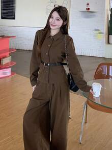 DAZY Women's Casual Solid Color Pocket Jacket And Wide Leg Jeans Set, Autumn/Winter - Brown - View 6