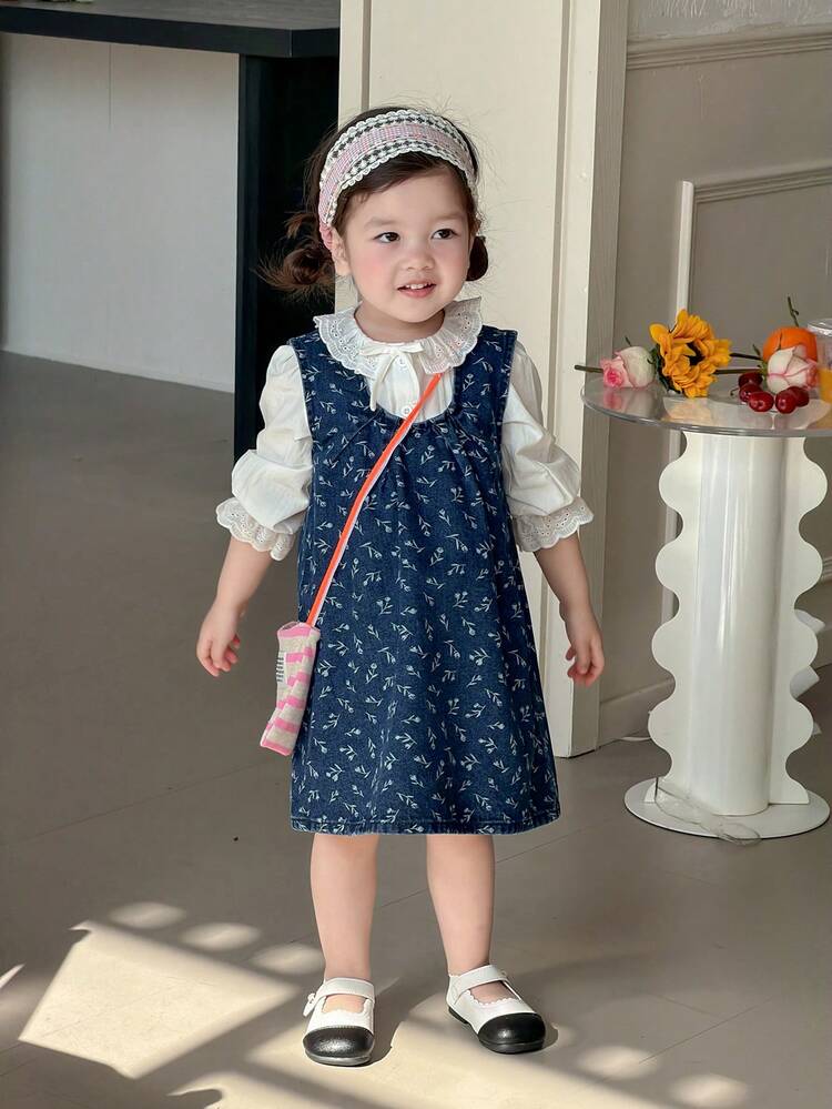 Toddler Girls' Sleeveless Washed Denim Vest With All-Over Print, Versatile For Spring/Summer