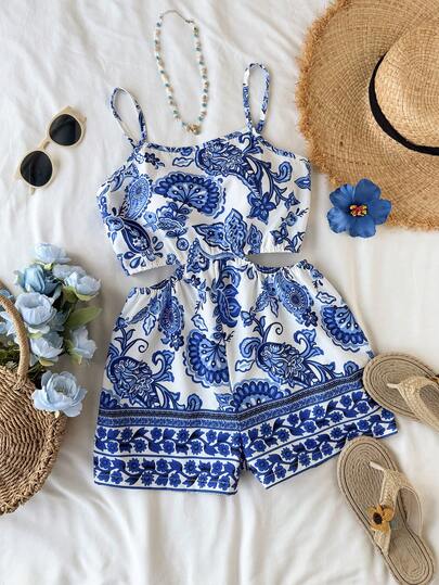 SHEIN ChillGRL Conjunto de verano para niñas preadolescentes con top de tirantes estampado tejido, mono sin mangas con corte retorcido, estampado de patrones, ropa de vacaciones, moda bohemia chic, ropa de playa, fluida y casual bohemia, atuendo tropical adecuado para el uso diario, ocio, vacaciones, playa y fiestas