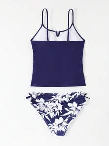 SHEIN 少女两件式泳衣套装，可爱蓝色碎花针织吊带背心和印花泳裤，时尚休闲优雅泳装，适合游泳、夏季度假、海滩、泳池派对 - 藍色 - 查看 2