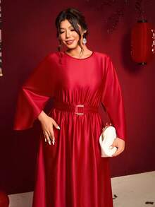 Cravure Plus Size Women's Bright Red Batwing Sleeve Tie Neck Date Dress - Red - View 6