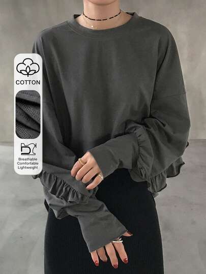 FRIFUL 女士休闲纯色荷叶边长袖T恤，秋季