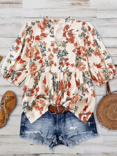 GlowEve CURVE Plus Size Women's V-Neck Ruched A-Line Short Sleeve Ditsy Floral Casual Blouse, Suitable For Daily Wear And Vacation, Spring/Summer