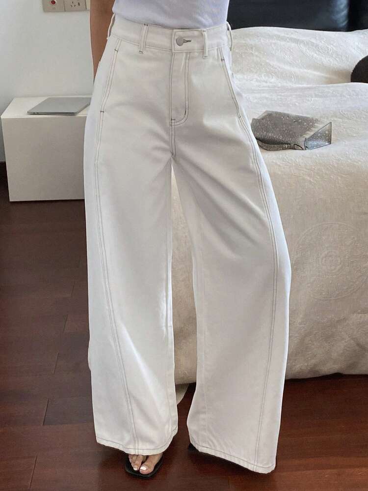 Women's Regular Waist Line Decor Urban Casual Wide Leg Jeans