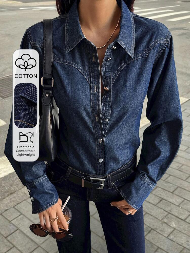 Women's Collared Cinched Waist Fitted Casual Denim Jacket