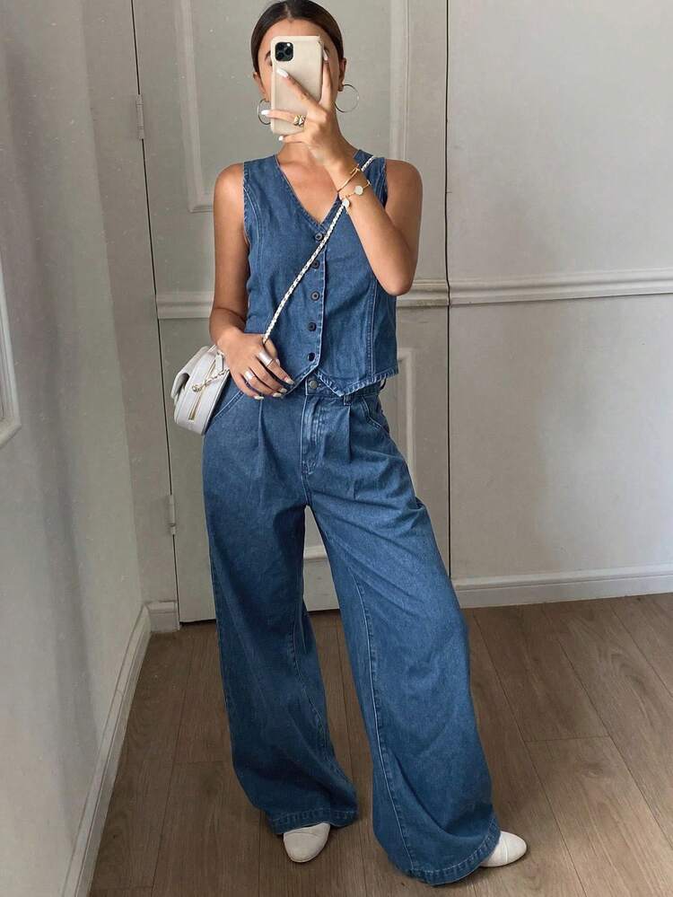 Women Tall V-Neck Sleeveless Denim Vest And Straight Leg Jeans Casual Vacation Denim Set