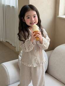 DAZY 2件套女婴条纹领衬衫和宽松条纹休闲裤套装，家居服幼儿女童服装 - 杏色 - 查看 3