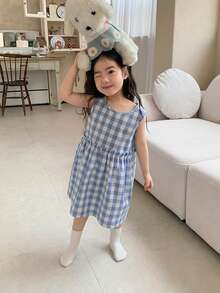 DAZY 女童圆领韩版格子休闲无袖家居服 - 藍色 - 查看 6