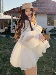 DAZY 女士蝴蝶结衬衫上衣，夏季度假衬衫 - 杏色 - 查看 5