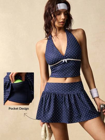 VARSIVA Women's Summer Polka Dot Print Halter Top And Mini Skirt Sports Suit